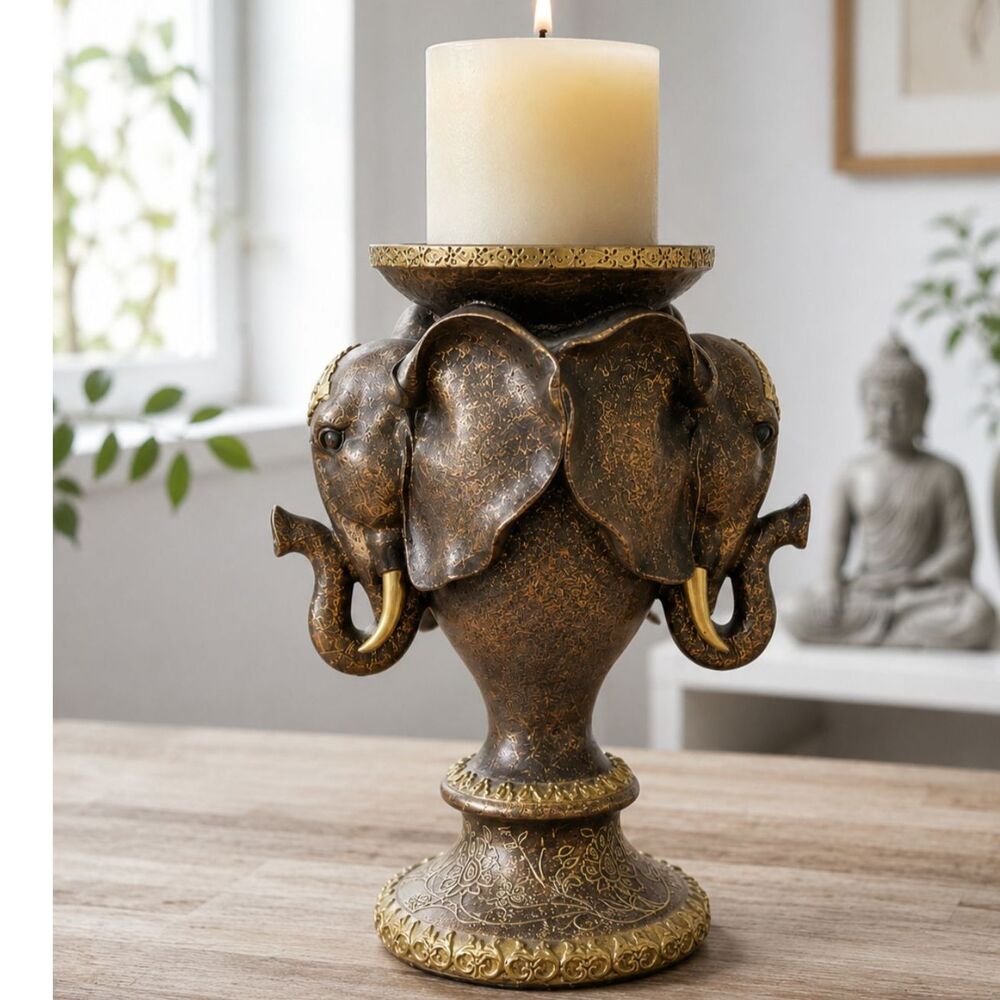 Elephant Pillar Candle Holder Bronze Boho Meditation Vintage Decor Zen